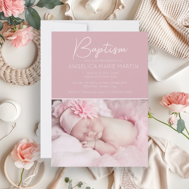 Blush Pink Baby Girl Foto Taufe Einladung (Blush pink baby baptism photo invitation)
