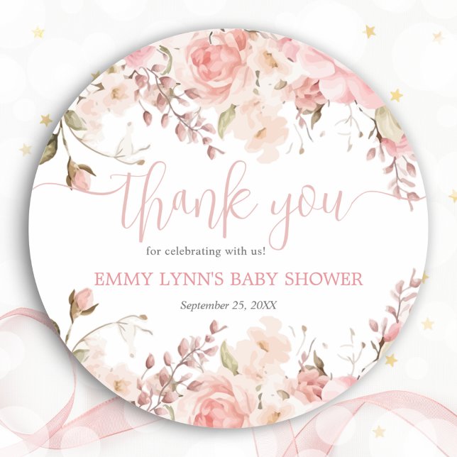 Blush Pink Baby In Bloom Baby Shower Thank You  Runder Aufkleber (Blush Pink Baby In Bloom Baby Shower Thank You Classic Round Sticker)