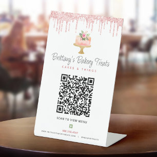 Blush Pink Bäckerei QR-Code Scan Menü Kuchen Glitt Sockelschild