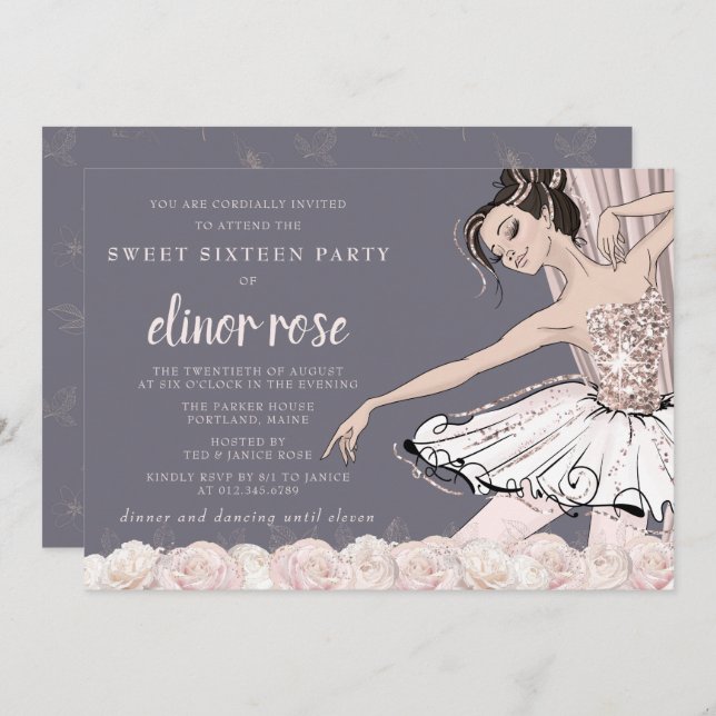 Blush Pink Ballerina Sweet 16 Party Einladung (Vorne/Hinten)