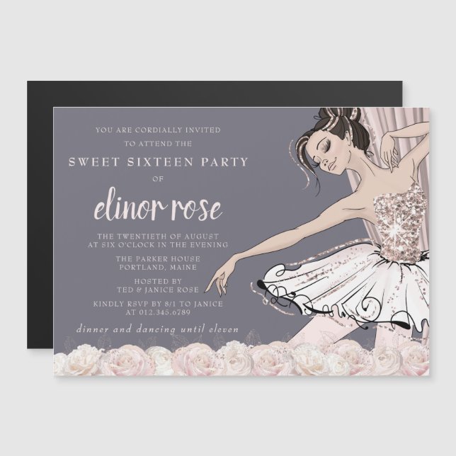 Blush Pink Ballerina Sweet 16 Party Magneteinladung (Vorne/Hinten)