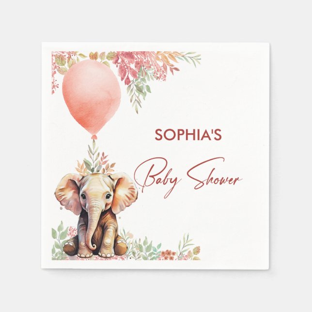 Blush Pink Ballon Floral Elephant Baby Dusche Serviette (Vorderseite)