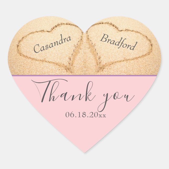 Blush Pink Beach 2 Herz Sand Hochzeit Vielen Dank Herz-Aufkleber (Vorderseite)