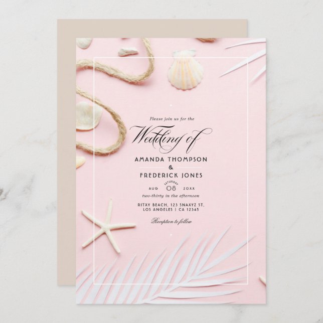 Blush Pink Beach Hochzeitseinladung Einladung (Vorne/Hinten)