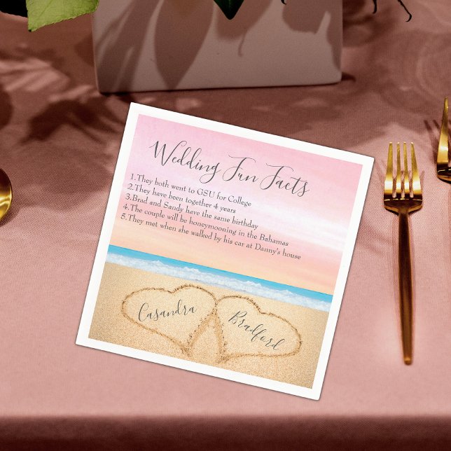 Blush Pink Beach Wedding 2 Herz Sand Fun Fakten Serviette (Von Creator hochgeladen)