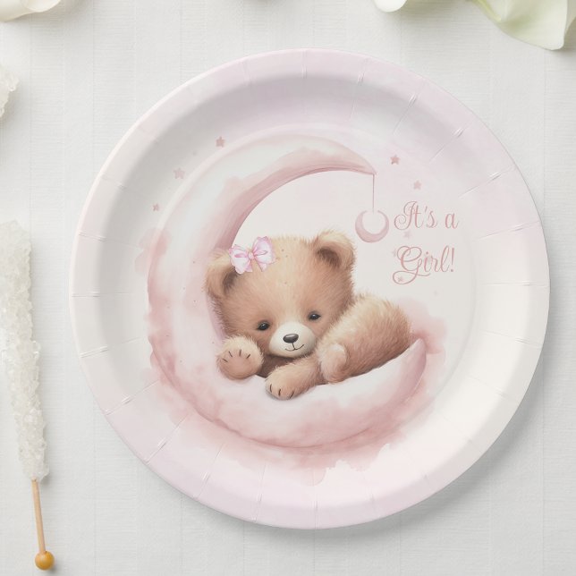 Blush Pink Bear Girl Babydusche Pappteller (You can personalize with your text.)