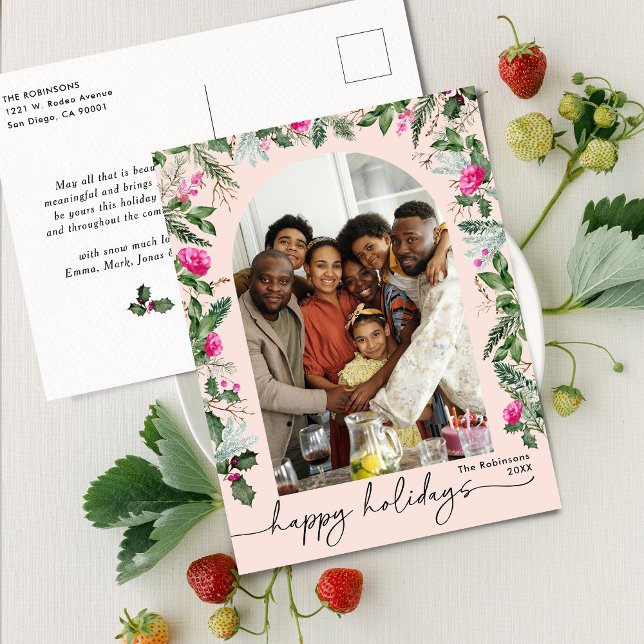 Blush Pink Berries Grüne Arch Happy Holidays Postkarte (Von Creator hochgeladen)