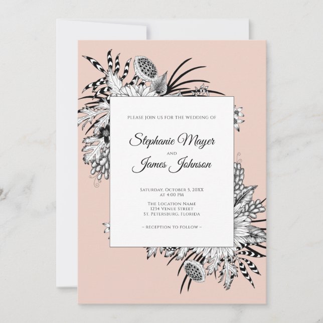 Blush Pink Black and White Floral Wedding Einladung (Vorderseite)