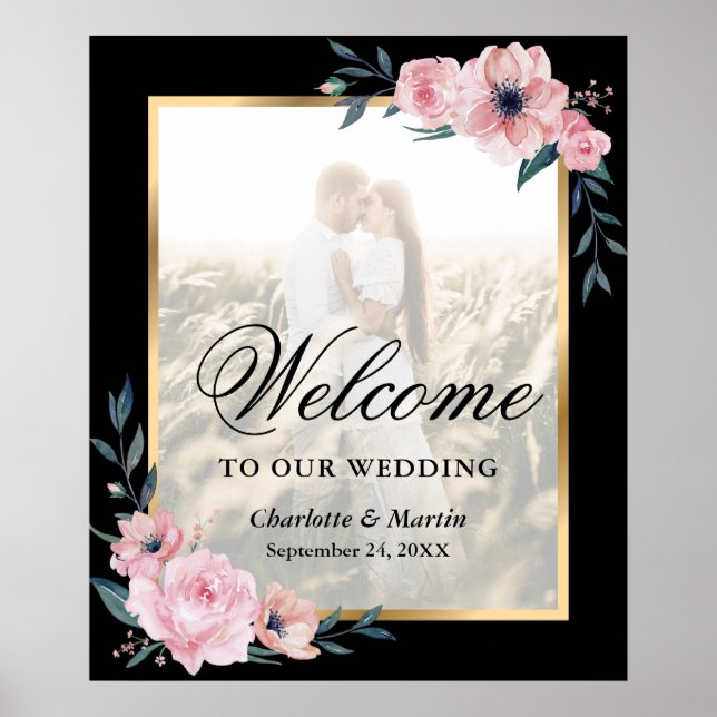 Blush Pink Black Floral Foto Hochzeitssymbol Poster (Vorne)