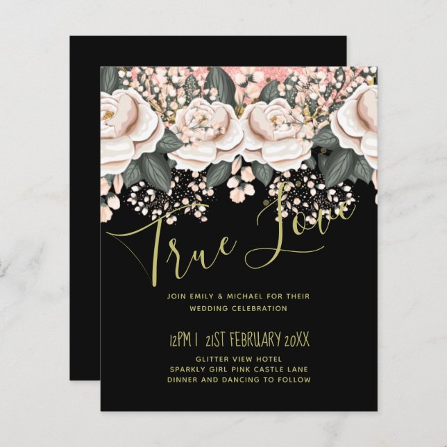 Blush Pink Black Floral Hochzeitbudget (Vorne/Hinten)