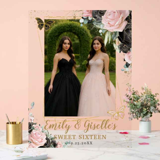 Blush Pink Black Floral Quinceanera Birthday Photo Acrylschild (Hochzeit)