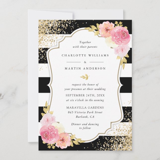 Blush Pink Black Gold Confetti Bloral Wedding Einladung (Vorderseite)