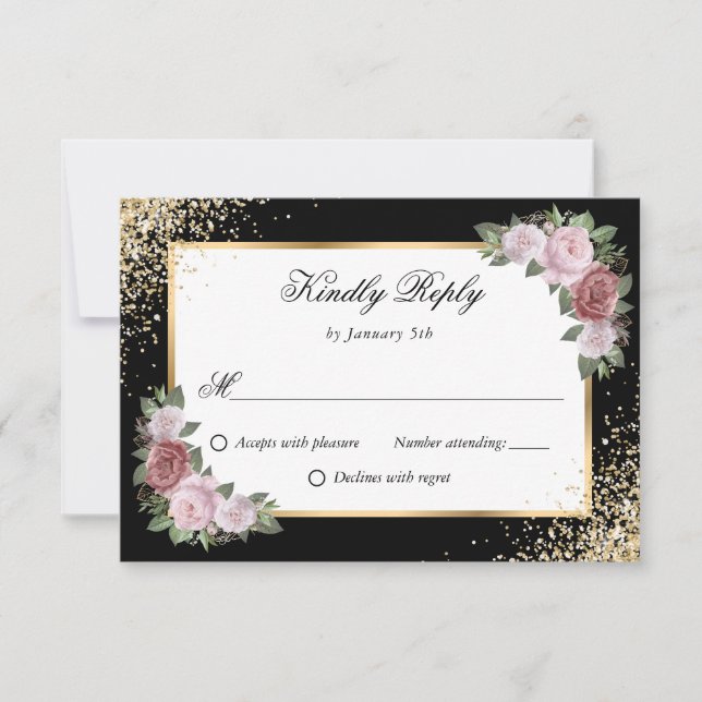 Blush Pink Black Gold Confetti Bloral Wedding RSVP Karte (Vorderseite)