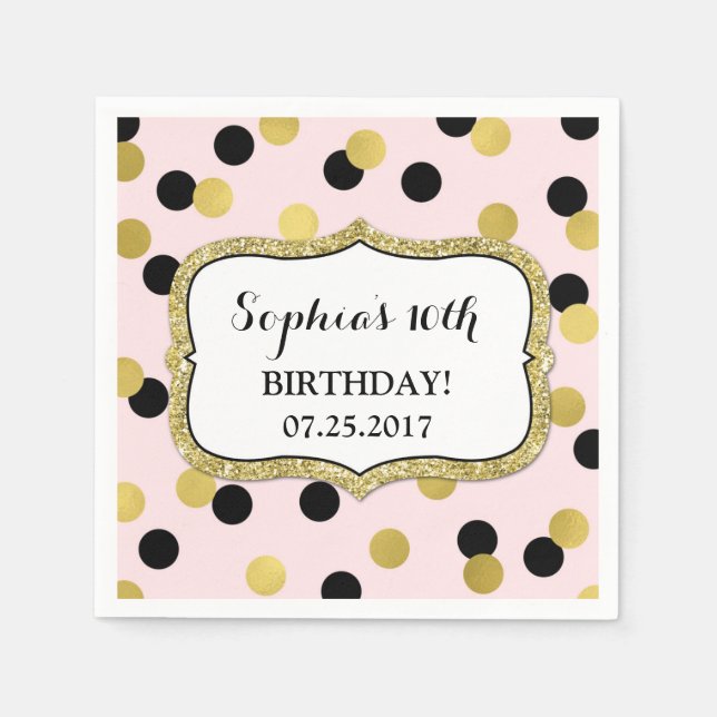 Blush Pink Black Gold Confetti Geburtstagsparty Serviette (Vorderseite)
