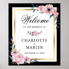 Blush Pink Black Gold Floral Hochzeit Begrüßungsze Poster
