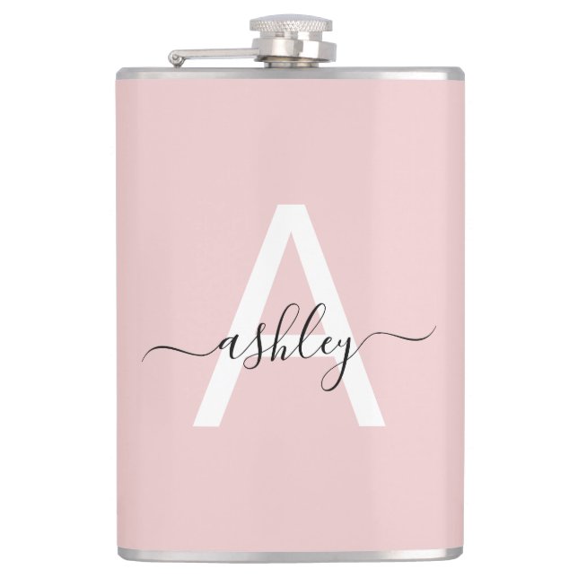 Blush Pink Black Monogram Girl Junggeselinnen-Absc Flachmann (Vorderseite)