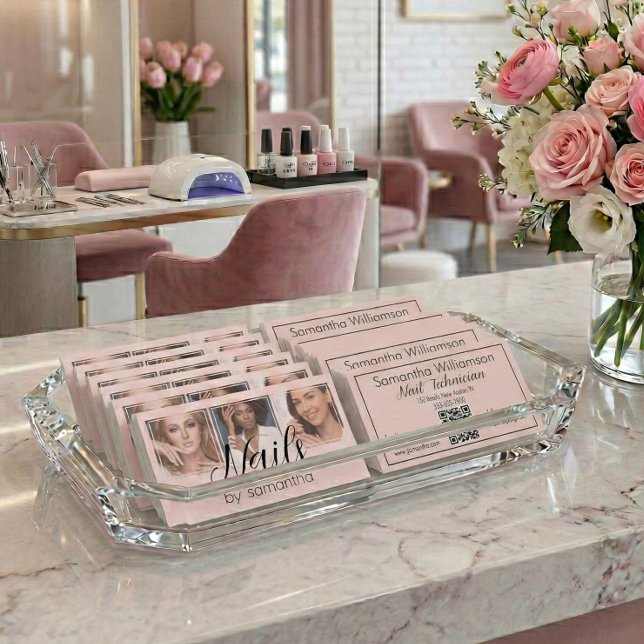 Blush Pink Black Schrift 3 Foto QR Code Nail Tech Visitenkarte (Von Creator hochgeladen)
