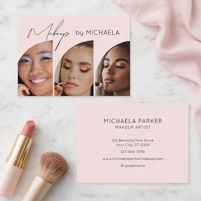 Blush Pink Black Script 3 Photo Makeup Visitenkarte (Von Creator hochgeladen)