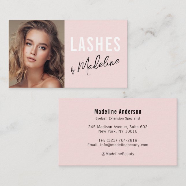 Blush Pink Black Script Photo Lashes Studio Visitenkarte (Vorne/Hinten)