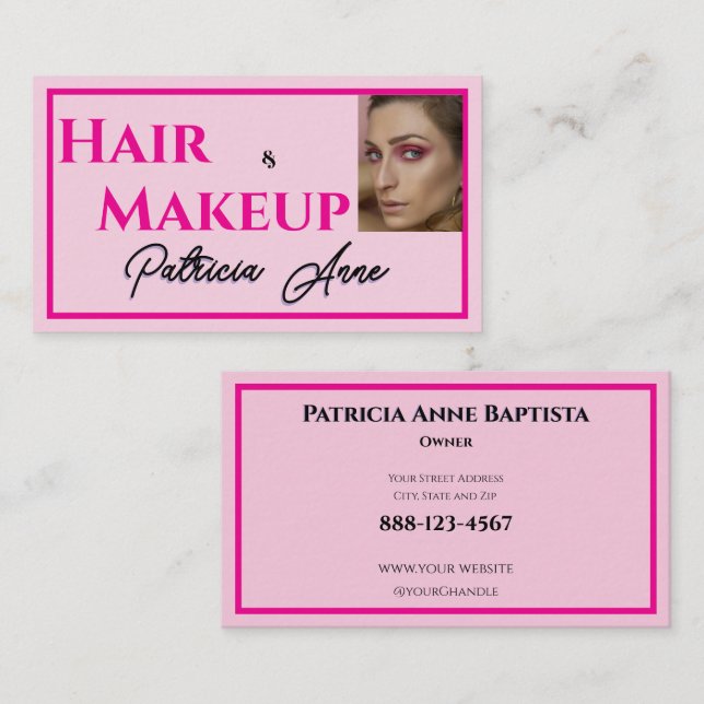 Blush Pink Black Script Photo Makeup Business Card Visitenkarte (Vorne/Hinten)