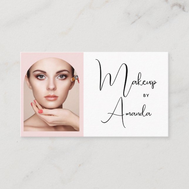 Blush Pink Black Script Photo Makeup Business Card Visitenkarte (Vorderseite)