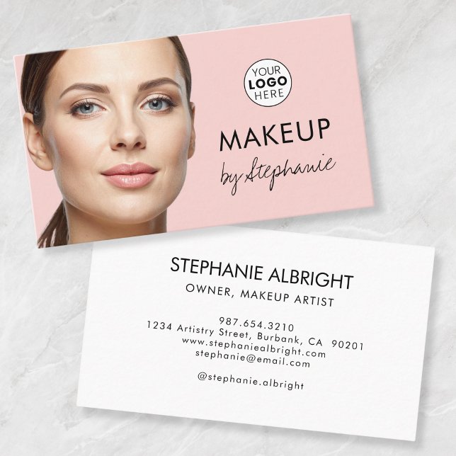 Blush Pink Black Script Photo Makeup Business Card Visitenkarte (Von Creator hochgeladen)