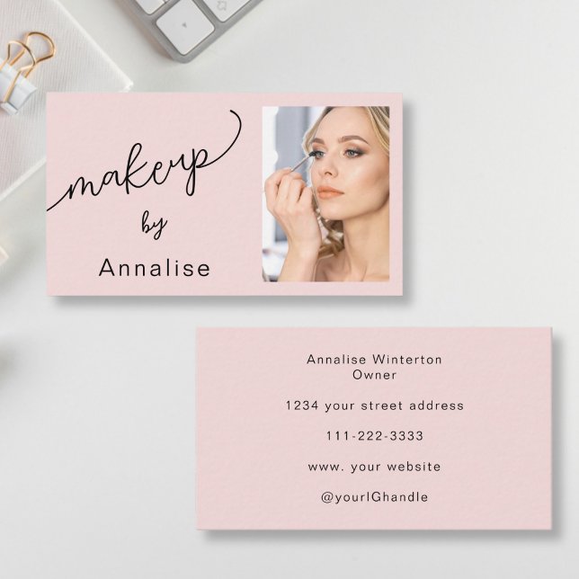 Blush Pink Black Script Photo Makeup Business Card Visitenkarte (Von Creator hochgeladen)