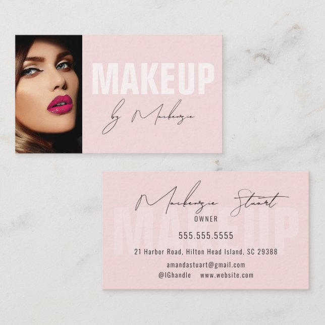 Blush Pink Black Script Photo Makeup Business Card Visitenkarte (Vorne/Hinten)