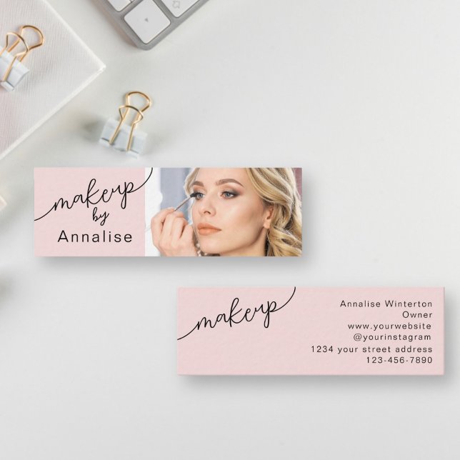 Blush Pink Black Script Photo Makeup Mini Visitenkarte (Von Creator hochgeladen)