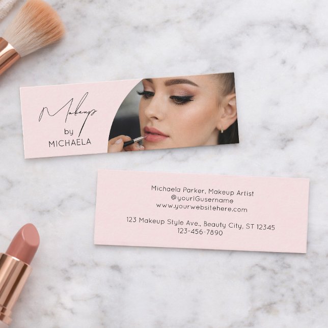Blush Pink Black Script Photo Makeup Mini Visitenkarte (Von Creator hochgeladen)
