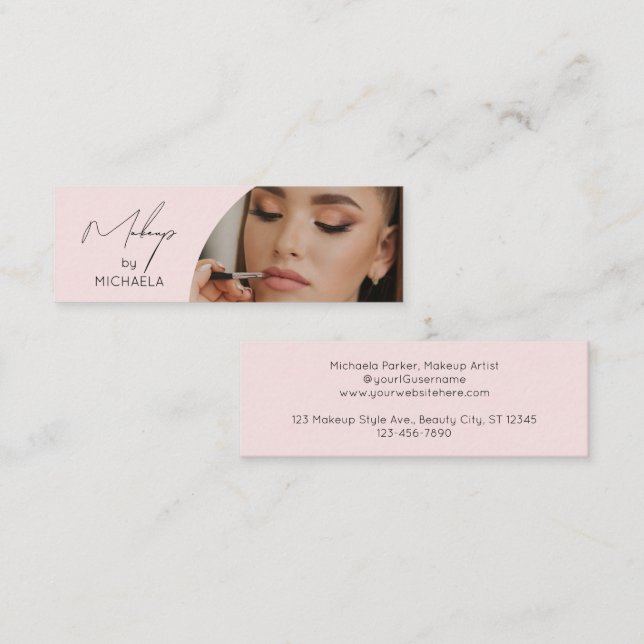 Blush Pink Black Script Photo Makeup Modern Mini Visitenkarte (Vorne/Hinten)