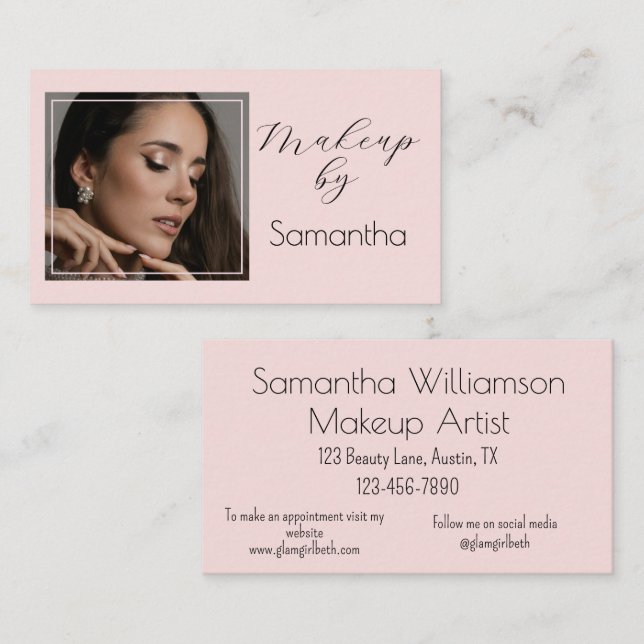 Blush Pink Black Script Photo Makeup Visitenkarte (Vorne/Hinten)