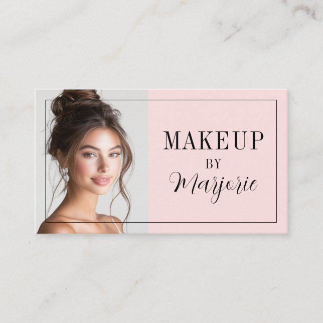Blush Pink Black Script Photo Makeup Visitenkarte (Vorderseite)
