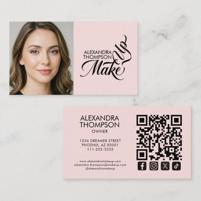 Blush Pink Black Script Qr Code Social Icon Makeup Visitenkarte (Vorne/Hinten)