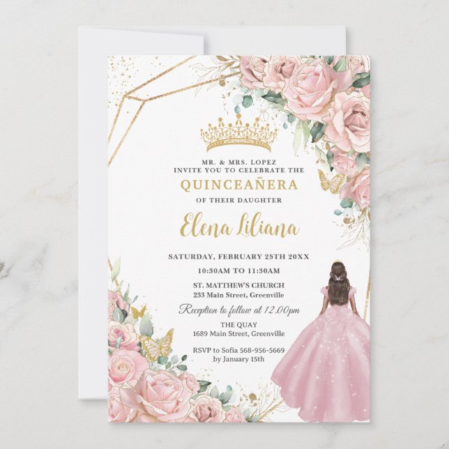 Blush Pink Bläserprinzessin Gold Quinceanera 15 XV Einladung (Vorderseite)