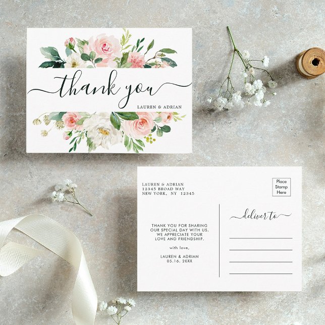 Blush Pink Bloom Wedding Danke Postkarte (Front & Back)