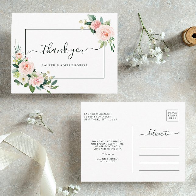 Blush Pink Bloom Wedding Danke Postkarte (Front & Back)