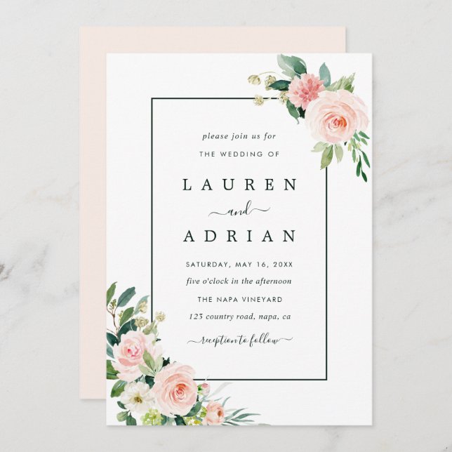 Blush Pink Bloom Wedding Einladung (Vorne/Hinten)