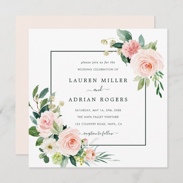 Blush Pink Bloom Wedding Square Einladung (Vorne/Hinten)