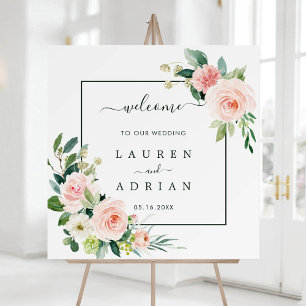 Blush Pink Bloom Wedding Welcome Square Sign Poster