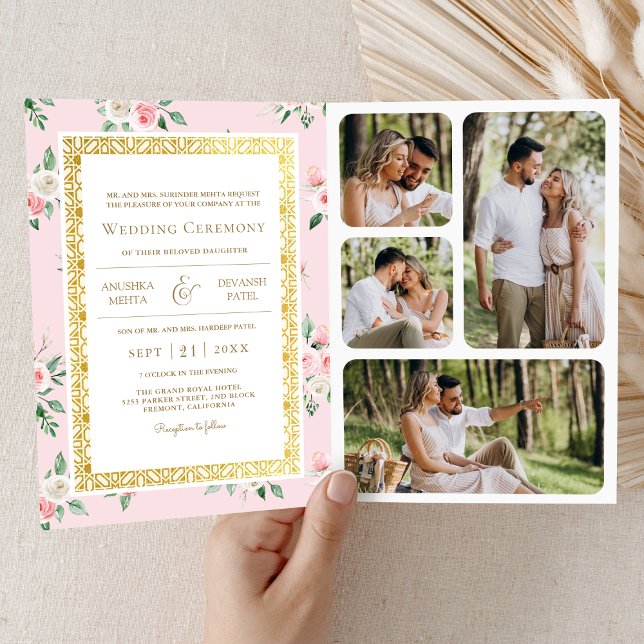 Blush Pink Bloral All in One Gold Indian Wedding Einladung (Von Creator hochgeladen)