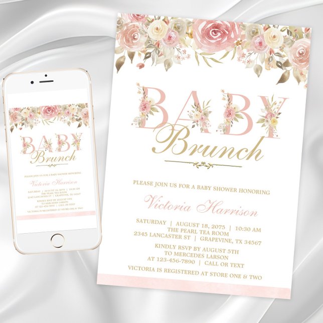 Blush Pink Bloral Baby Duschbrunch Einladung (Instant download and printed invitations available.)