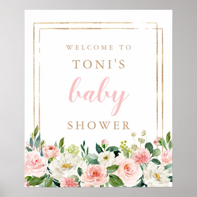 Blush Pink Bloral Baby Dusche Begrüßungszeichen Poster (Vorne)