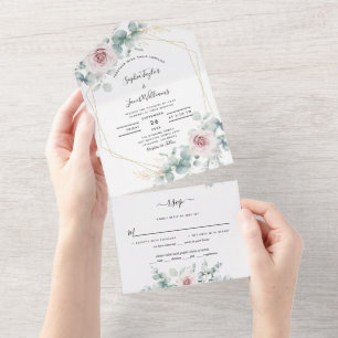 Blush Pink Bloral Eukalyptus Geometric Wedding All In One Einladung