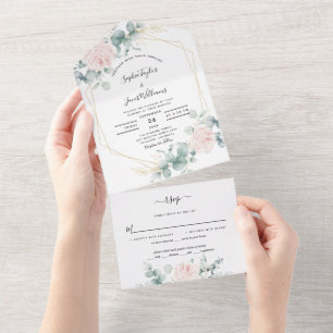 Blush Pink Bloral Eukalyptus Geometric Wedding All In One Einladung
