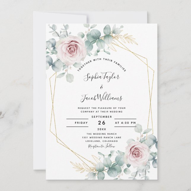Blush Pink Bloral Eukalyptus Geometric Wedding Einladung (Vorderseite)