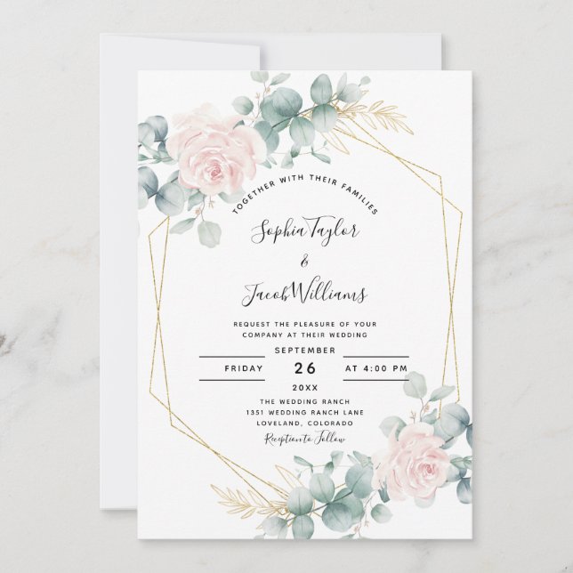 Blush Pink Bloral Eukalyptus Geometric Wedding Einladung (Vorderseite)
