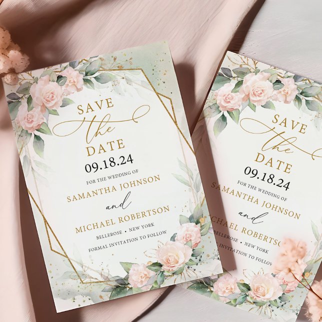 Blush Pink Bloral Eukalyptus Gold Frame Save The Date (Modern watercolor blush and gold green eucalyptus save the date card template)