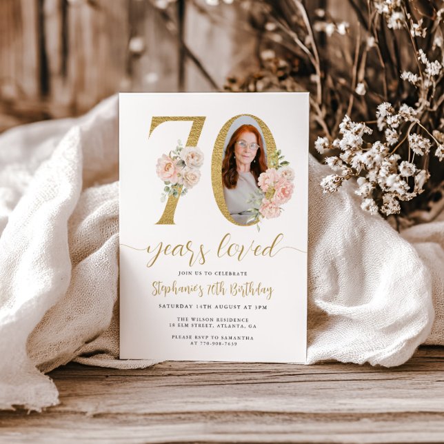 Blush Pink Bloral Foto 70. Geburtstag Einladung (Von Creator hochgeladen)
