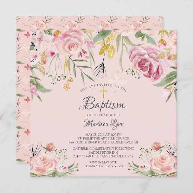 Blush Pink Bloral Girl Taufe Einladung (Vorne/Hinten)